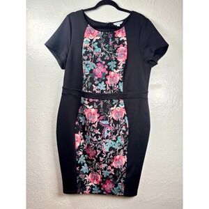 Boutique 1X Black Floral Sheath Dress Short Sleeve Knee Length Business Casual